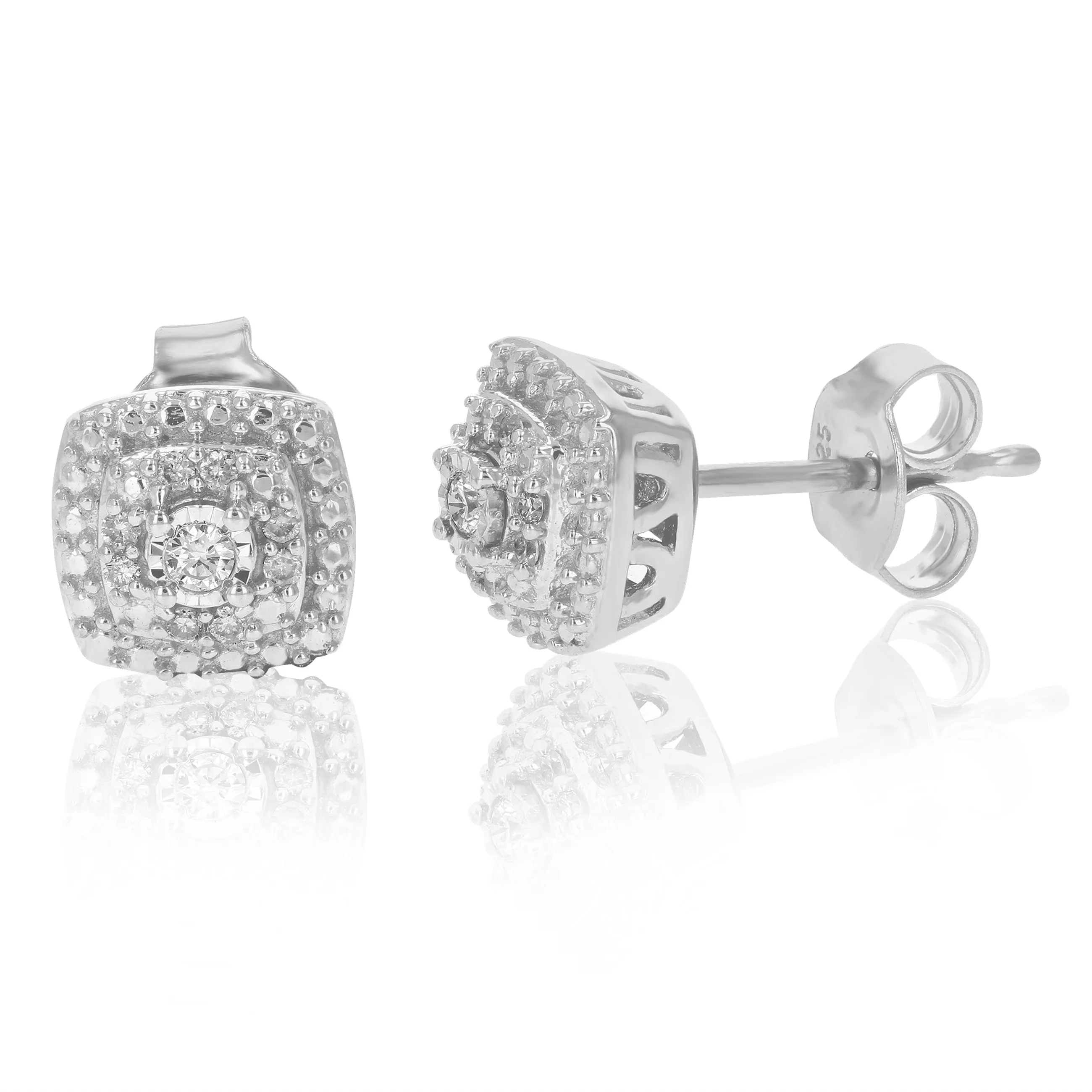 1/10 cttw Round Lab Grown Diamond Stud Earrings .925 Sterling Silver Prong Set Square Shape with Push Backs