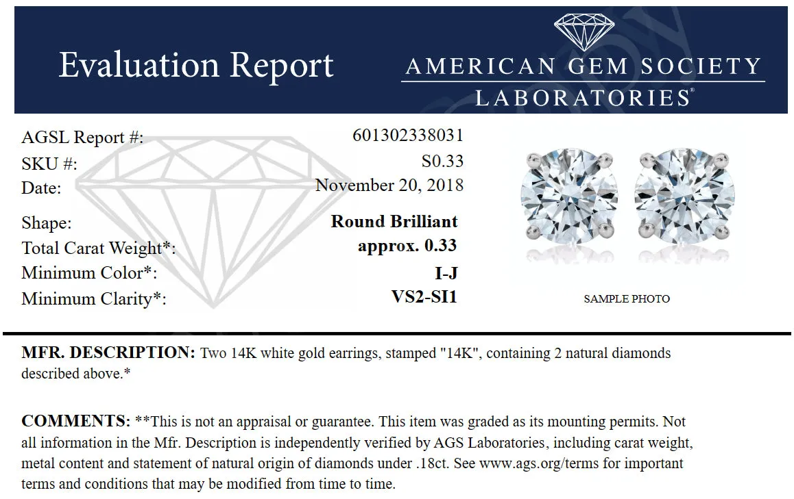 1/3 cttw VS2-SI1 Clarity H-I Color Certified Diamond Stud Earrings 14K White Gold