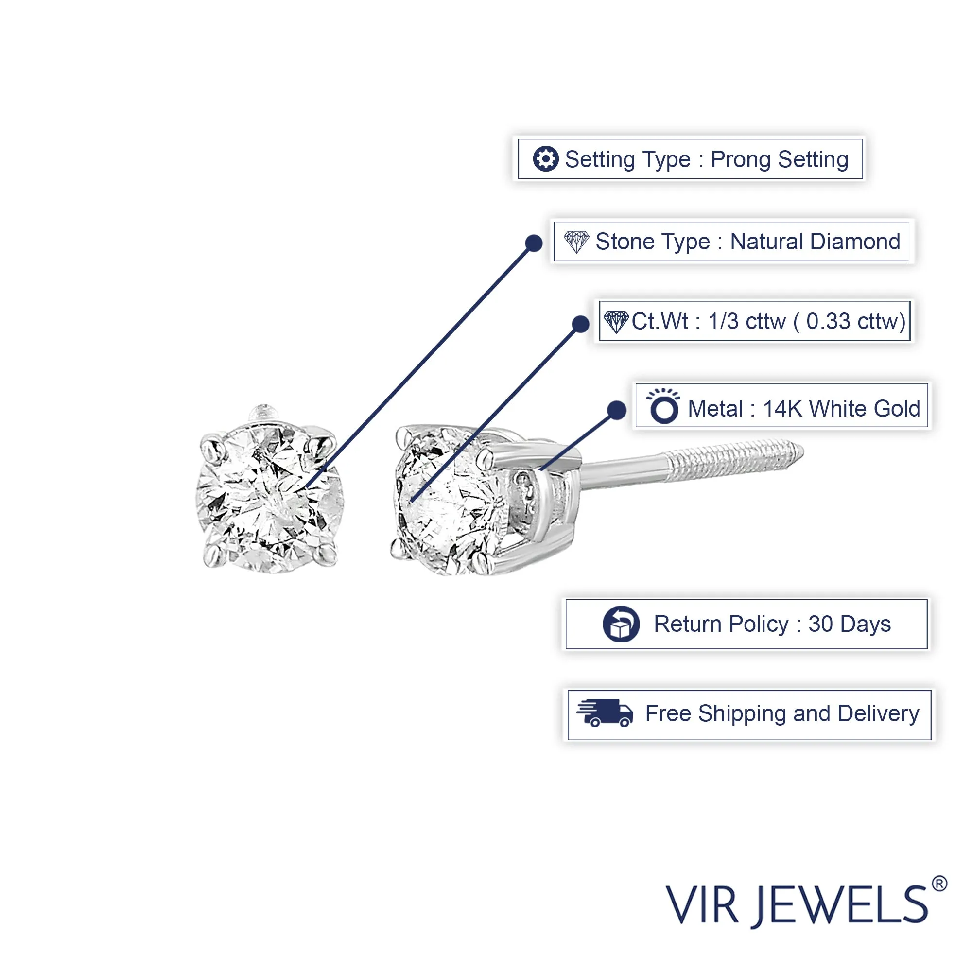 1/3 cttw VS2-SI1 Clarity H-I Color Certified Diamond Stud Earrings 14K White Gold