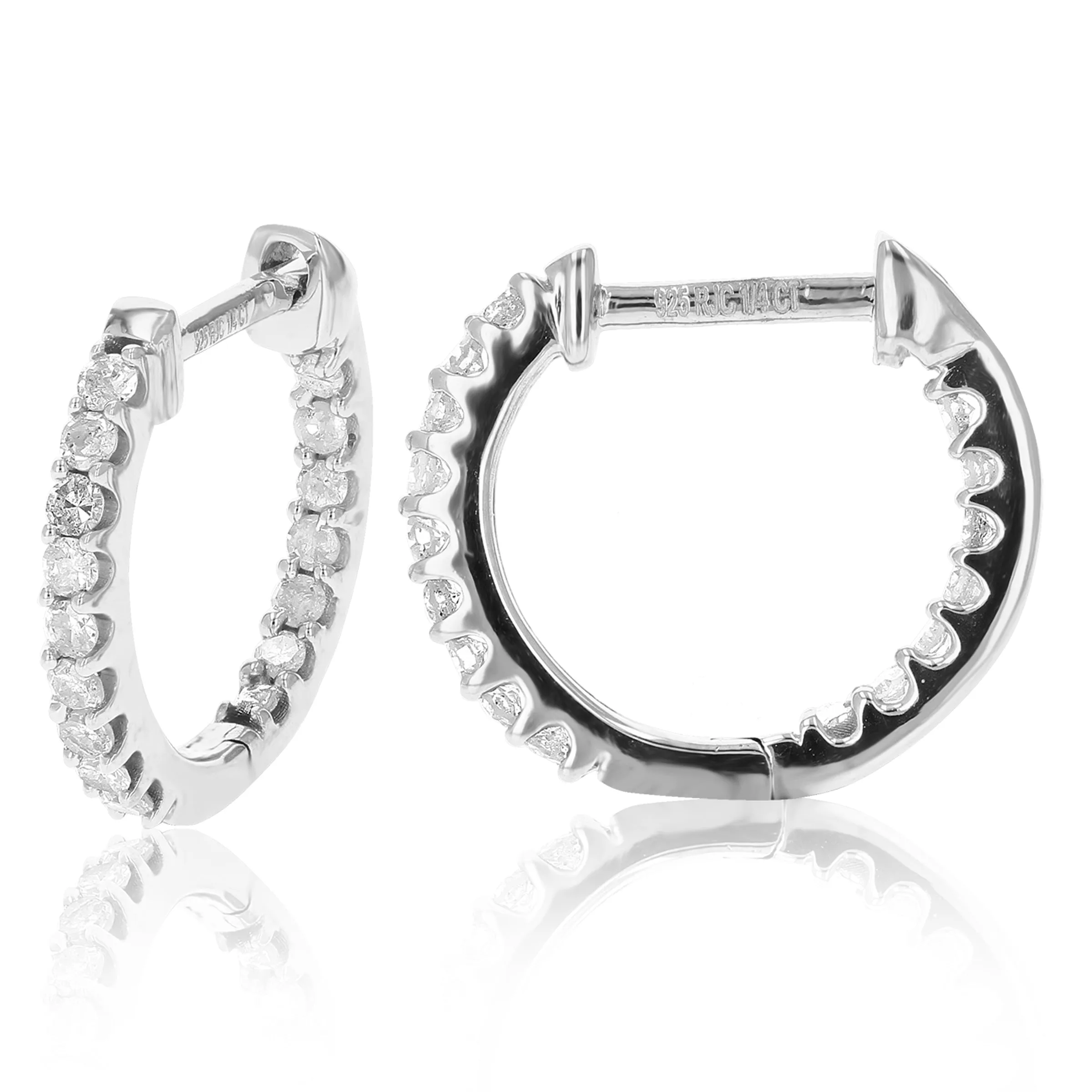 1/4 cttw Inside Out Diamond Hoop Earrings .925 Sterling Silver 30 Stones Prong 1/2 Inch