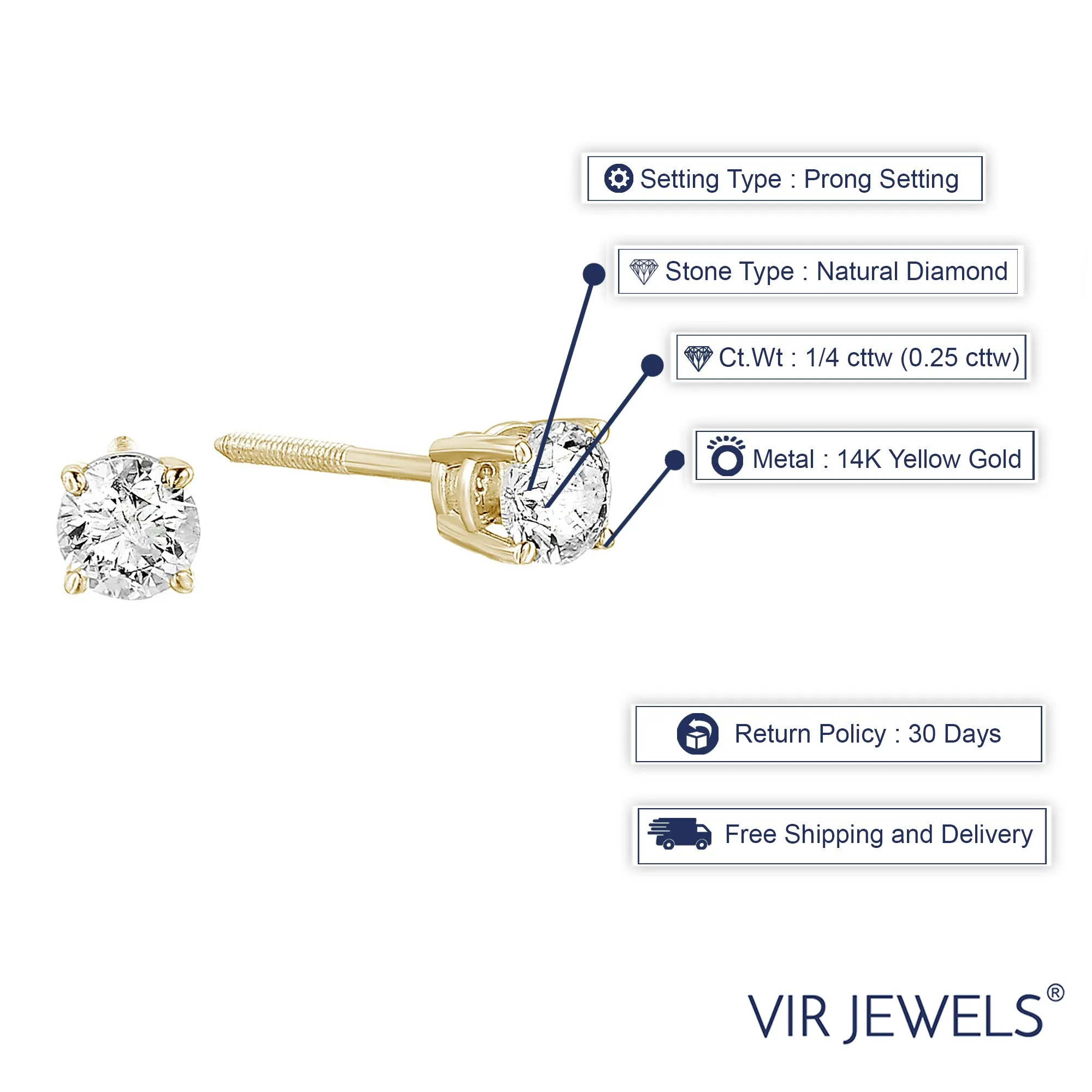 1/4 cttw SI2-I1 Certified Diamond Stud Earrings 14K Yellow Gold Round Screw Back