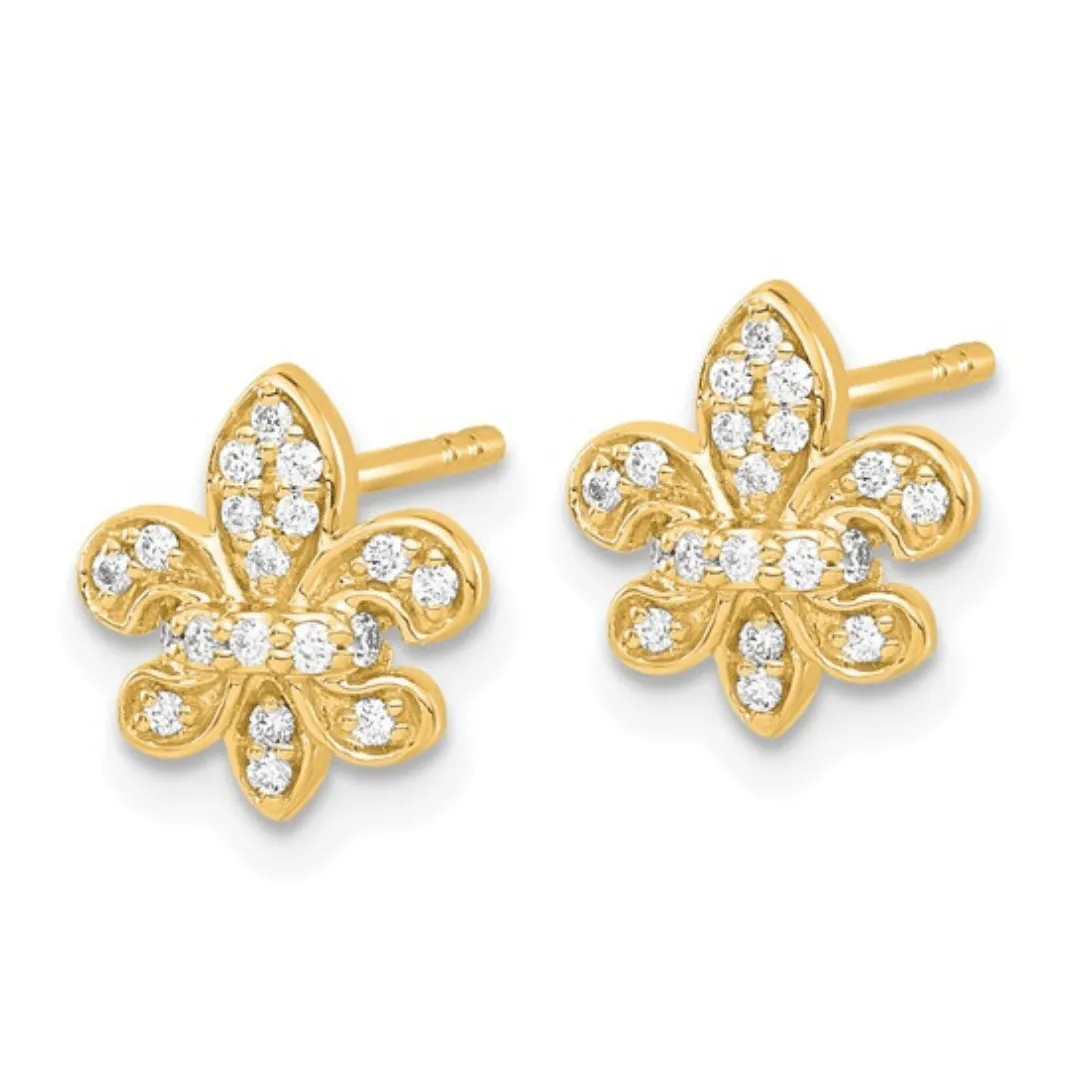 14K Gold Lab Diamond Fleur de Lis Post Earrings