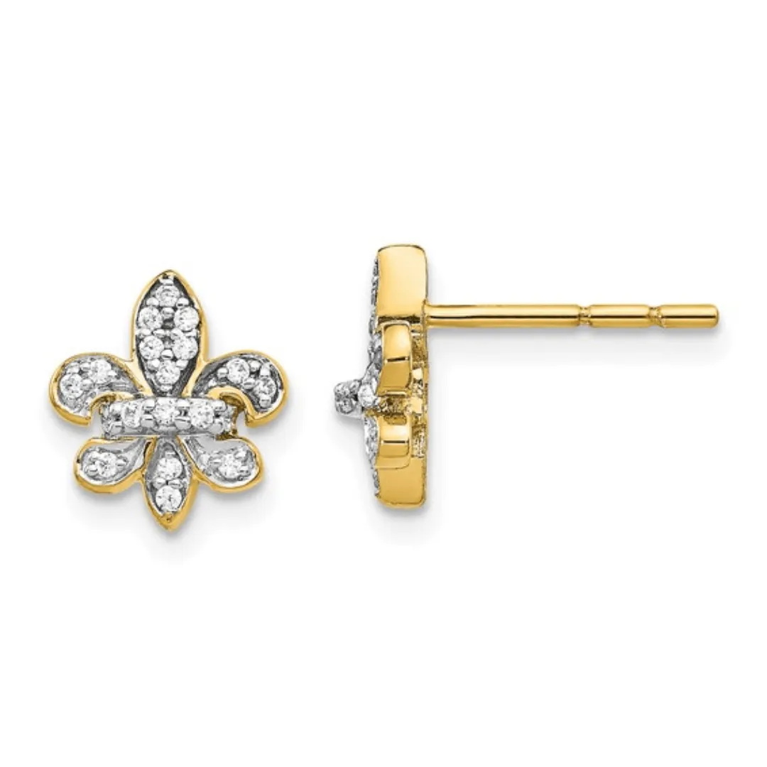 14K Gold Lab Diamond Fleur de Lis Post Earrings