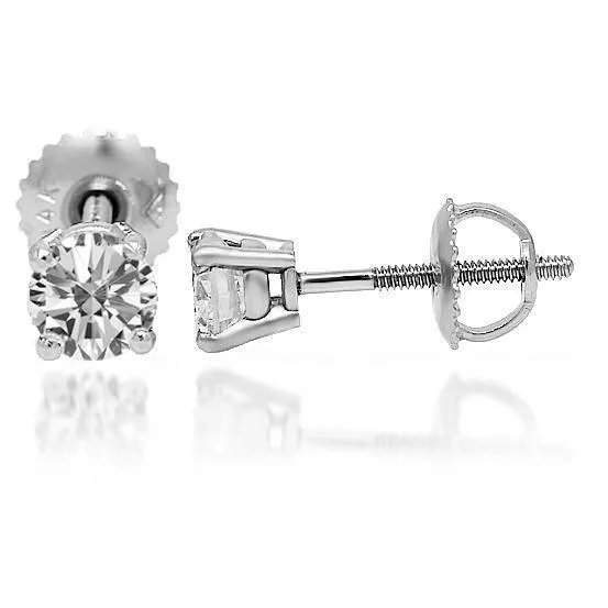 14K Solid VS White Gold Diamond Solitaire Stud Earrings 0.95 Ctw