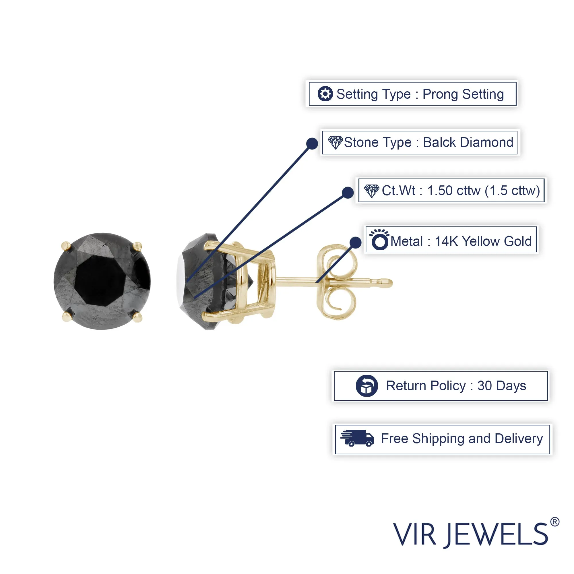 1.50 cttw Black Diamond Stud Earrings 14K Yellow Gold Round Push Backs 4 Prong Basket