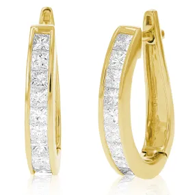 1.50 cttw Princess Diamond Hoop Earrings 14K Yellow Gold Channel Set 3/4 Inch