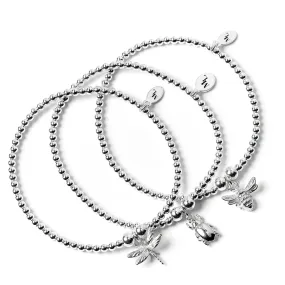 Bee, Beetle & Dragonfly - Set of 3 Silver Ball Bead Bracelets