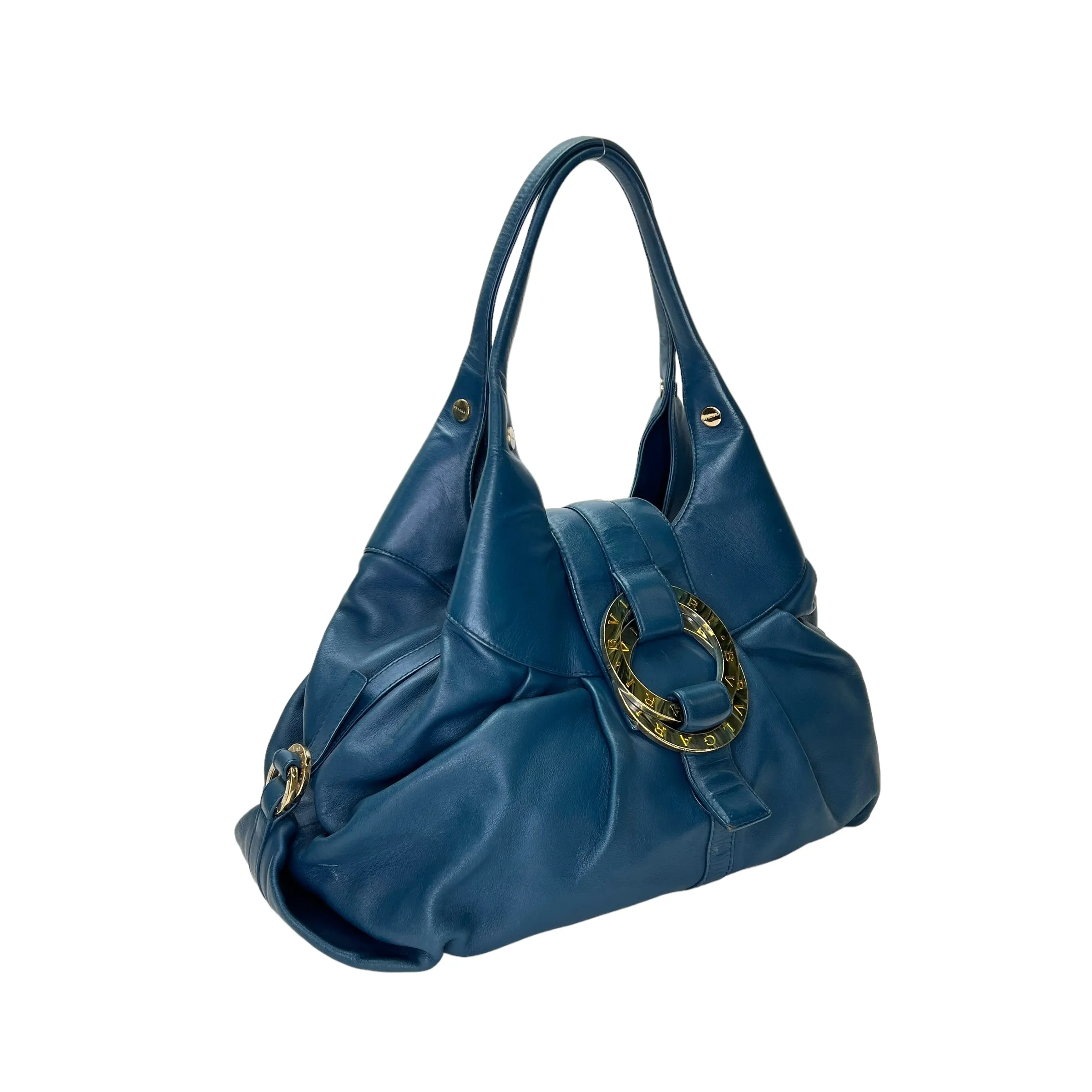 Chandra Hobo Blue Shoulder Bag in Calfskin, Gold hardware