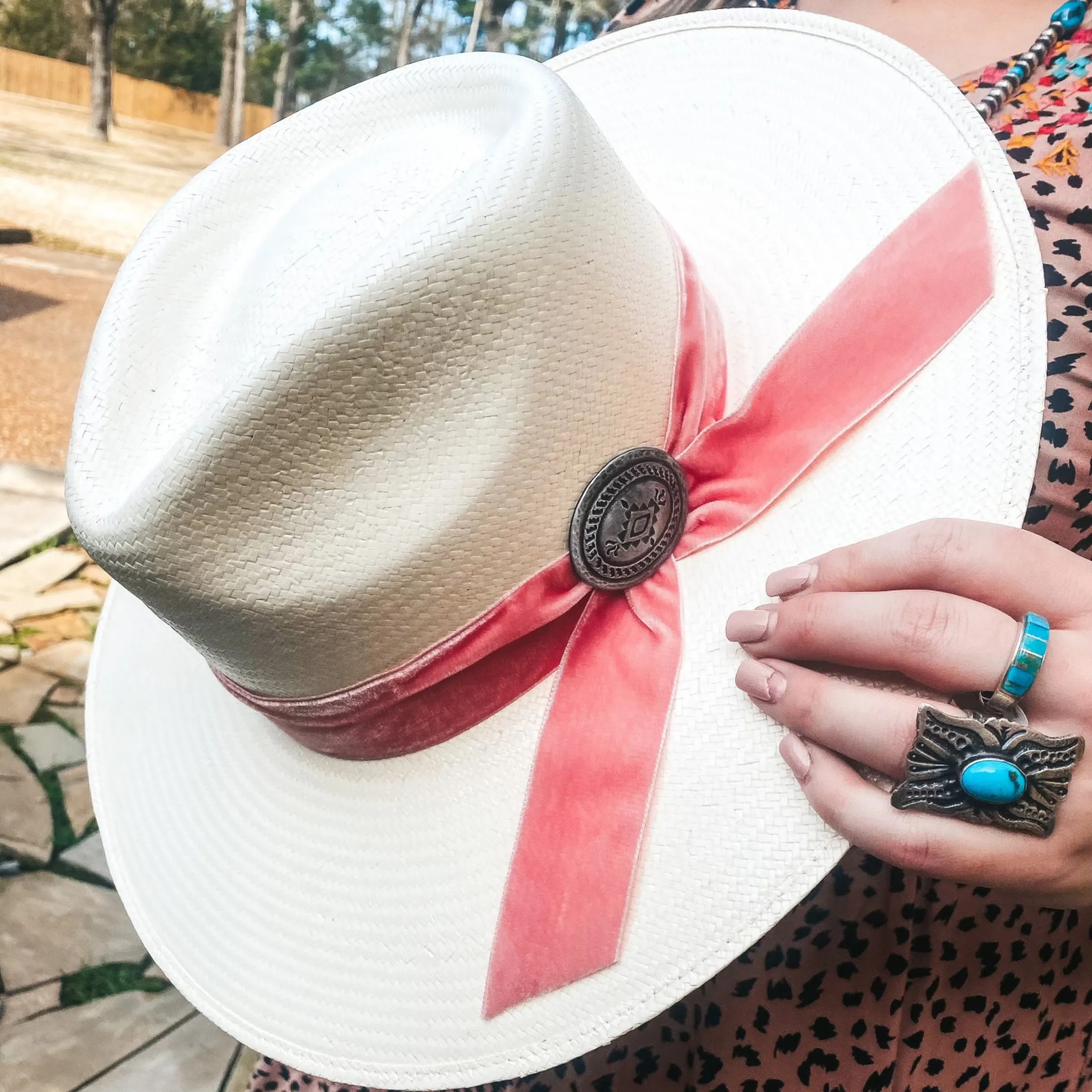 Charlie 1 Horse | Only Prettier Straw Hat with Pink Velvet Ribbon Band and Barbosa Oval Concho Pin