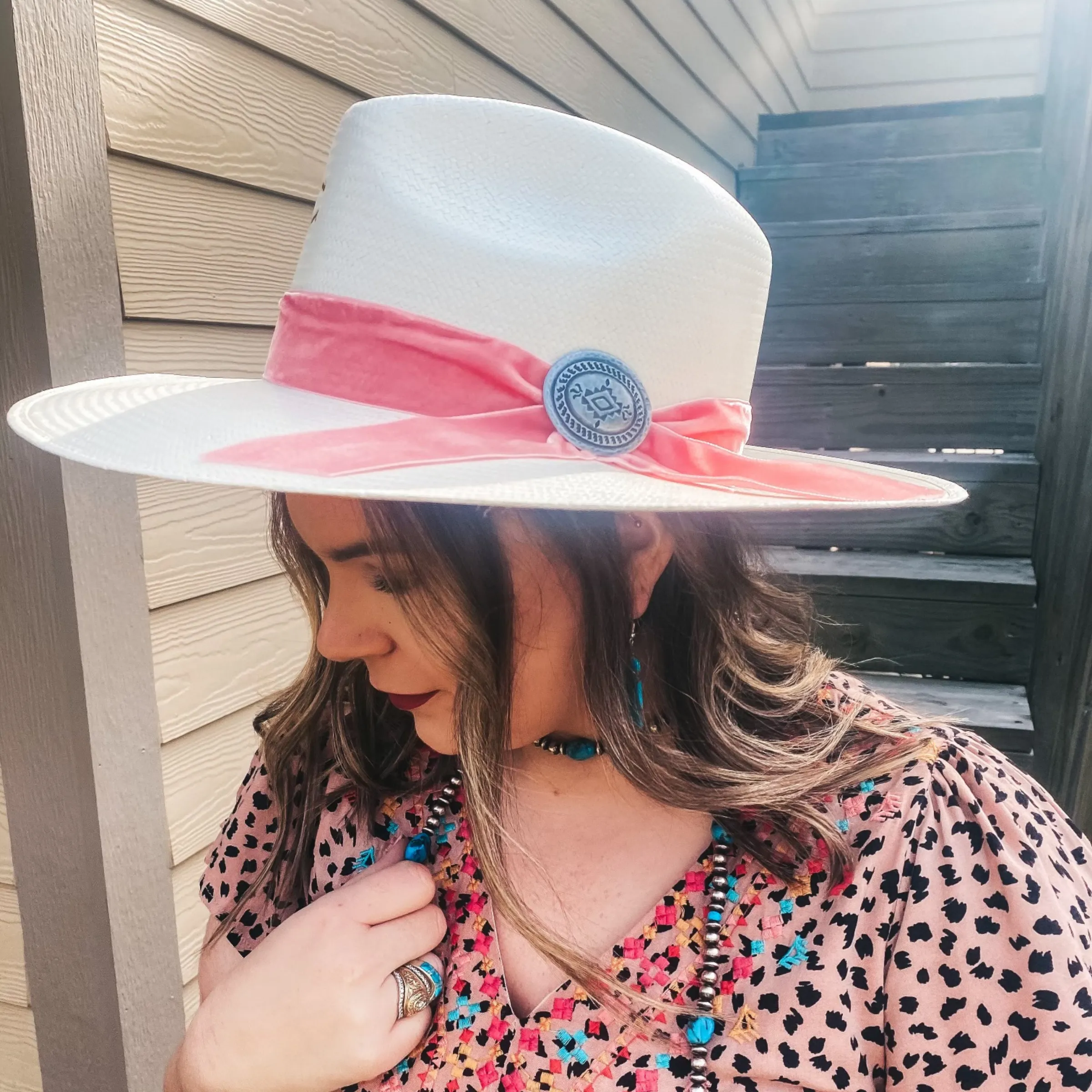 Charlie 1 Horse | Only Prettier Straw Hat with Pink Velvet Ribbon Band and Barbosa Oval Concho Pin