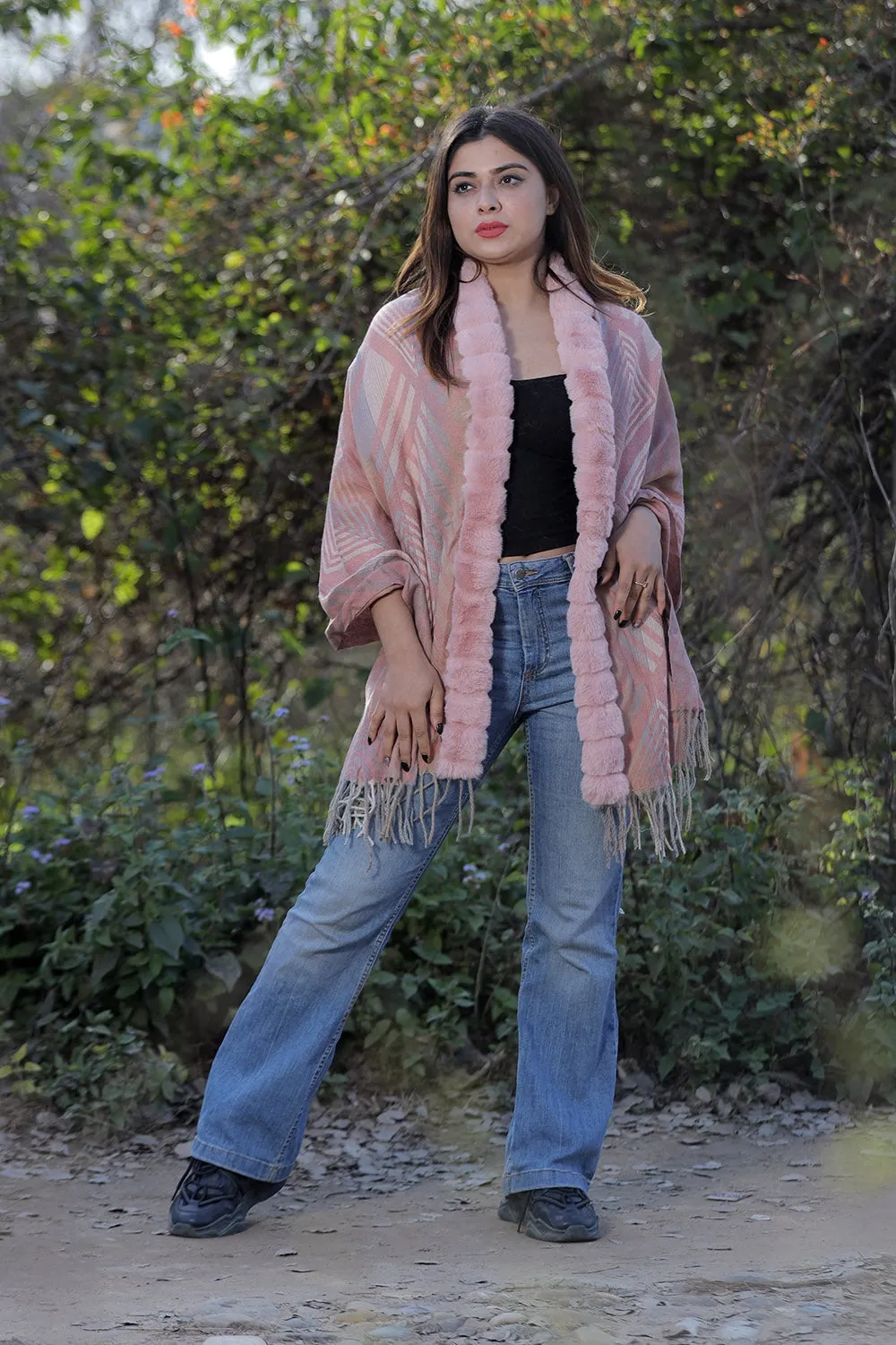 Classy Pink & Grey Colour Woollen Cashmere Faux Fur Cape Stole.