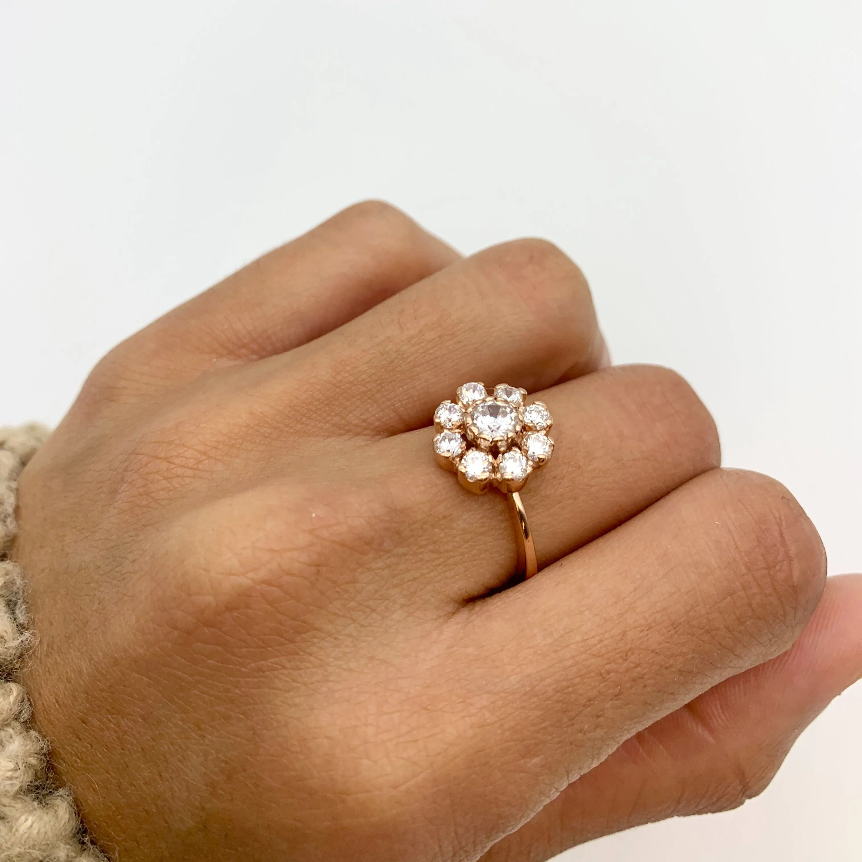 Diamond Flower Ring - Sparkly Vintage Ring - Rose Gold Diamond Band