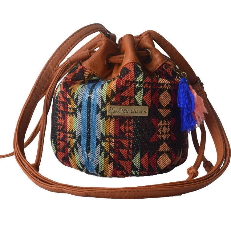 Drawstring Plaid Messenger Bucket Bag