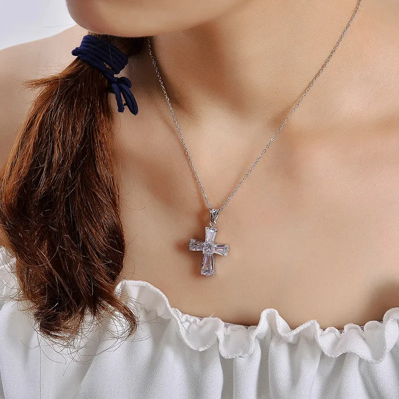 Elegant Cubic Zircon Cross Necklaces Pendants White Gold Plated Cross Christian Jesus Jewelry For Women Accessories