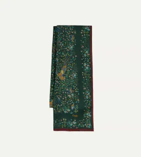 Green Floral Birds of Paradise Print Wool-Silk Scarf