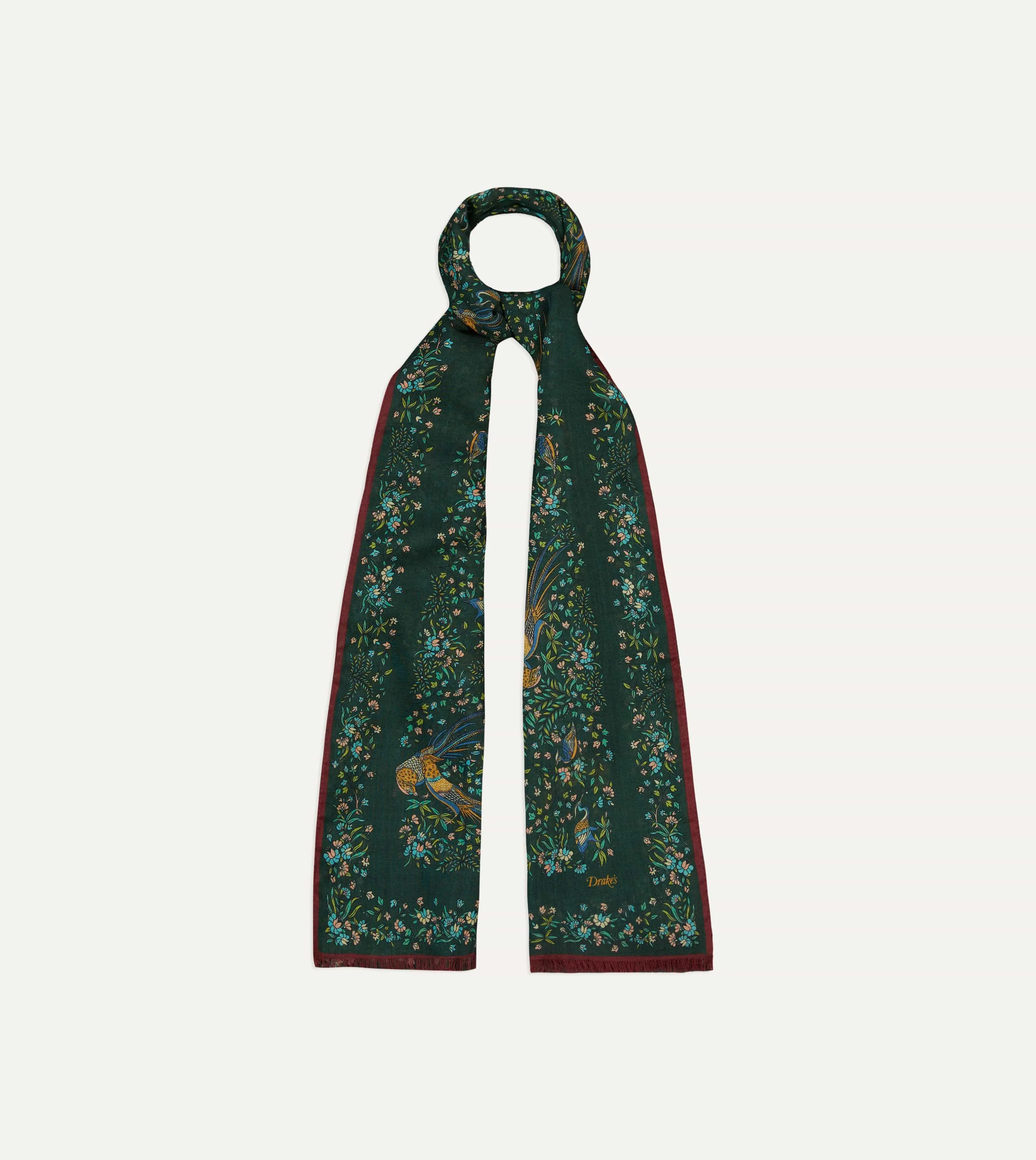 Green Floral Birds of Paradise Print Wool-Silk Scarf