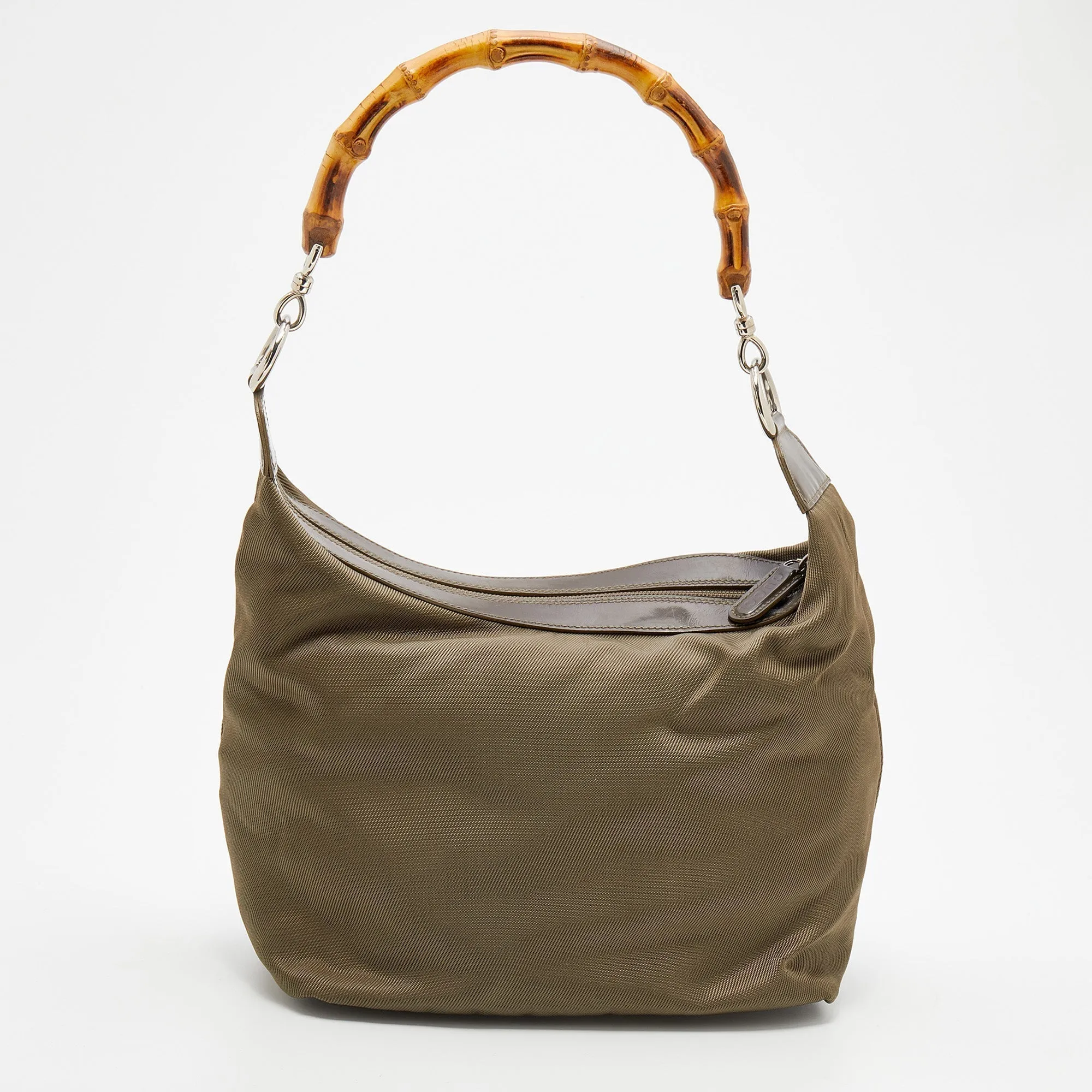 Gucci Olive Green Canvas And Patent Leather Peggy Bamboo Hobo