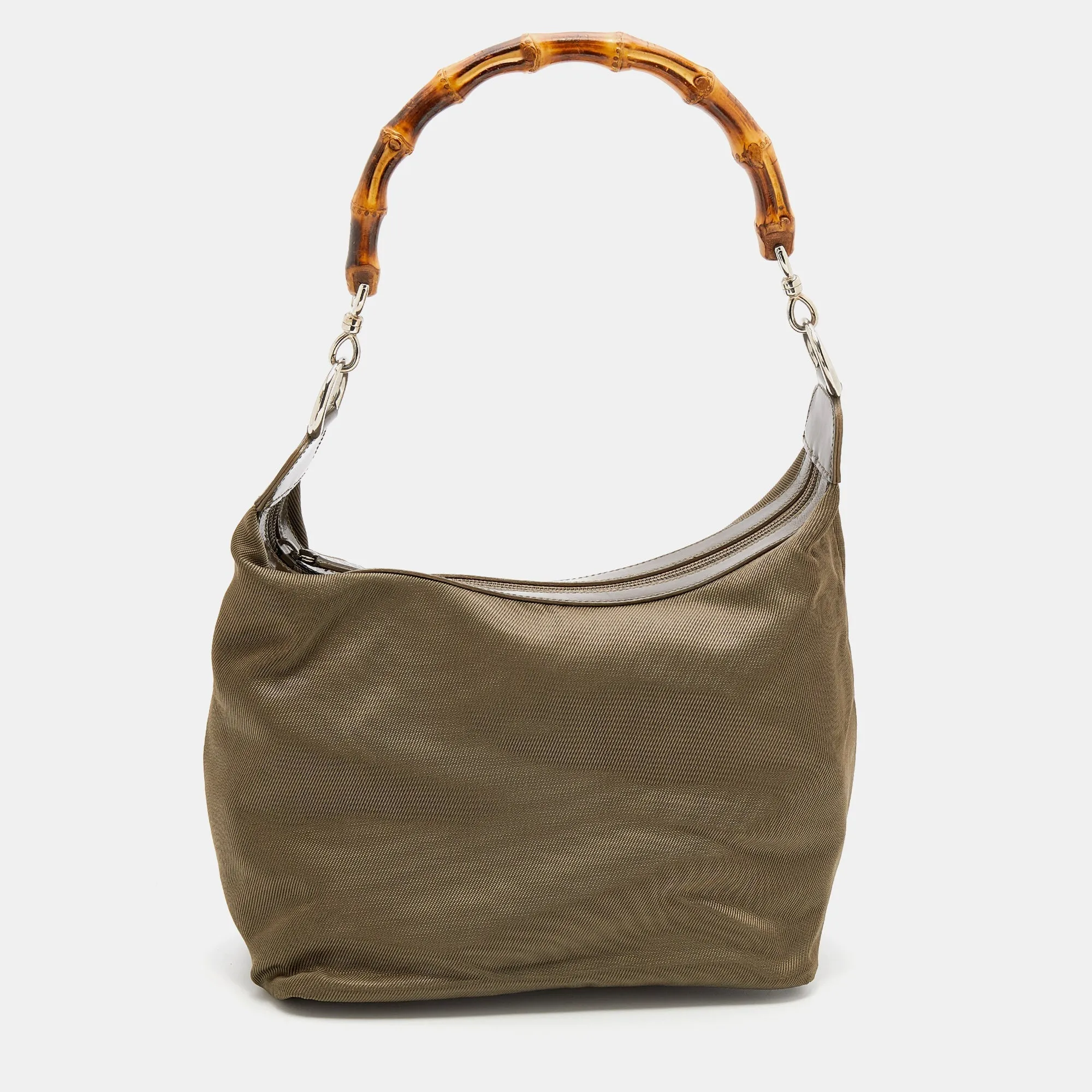 Gucci Olive Green Canvas And Patent Leather Peggy Bamboo Hobo