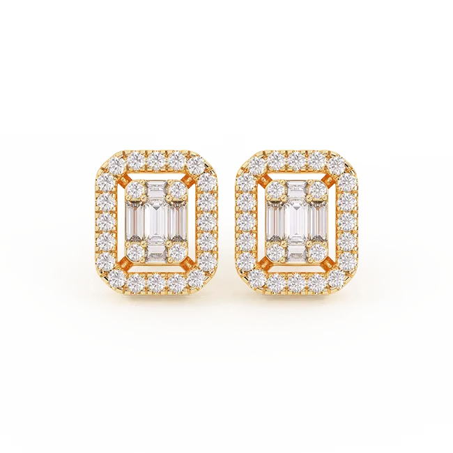 Men's Emerald-Shaped Baguette & Round-Cut Diamond Stud Earrings 0.66ct 14K Gold