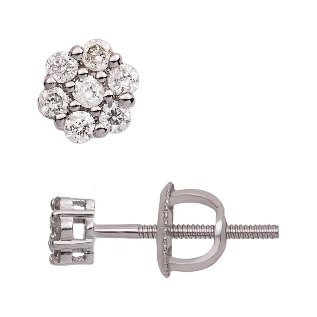 Men's Flower Cluster Diamond Stud Earrings 0.2ct 14K White Gold