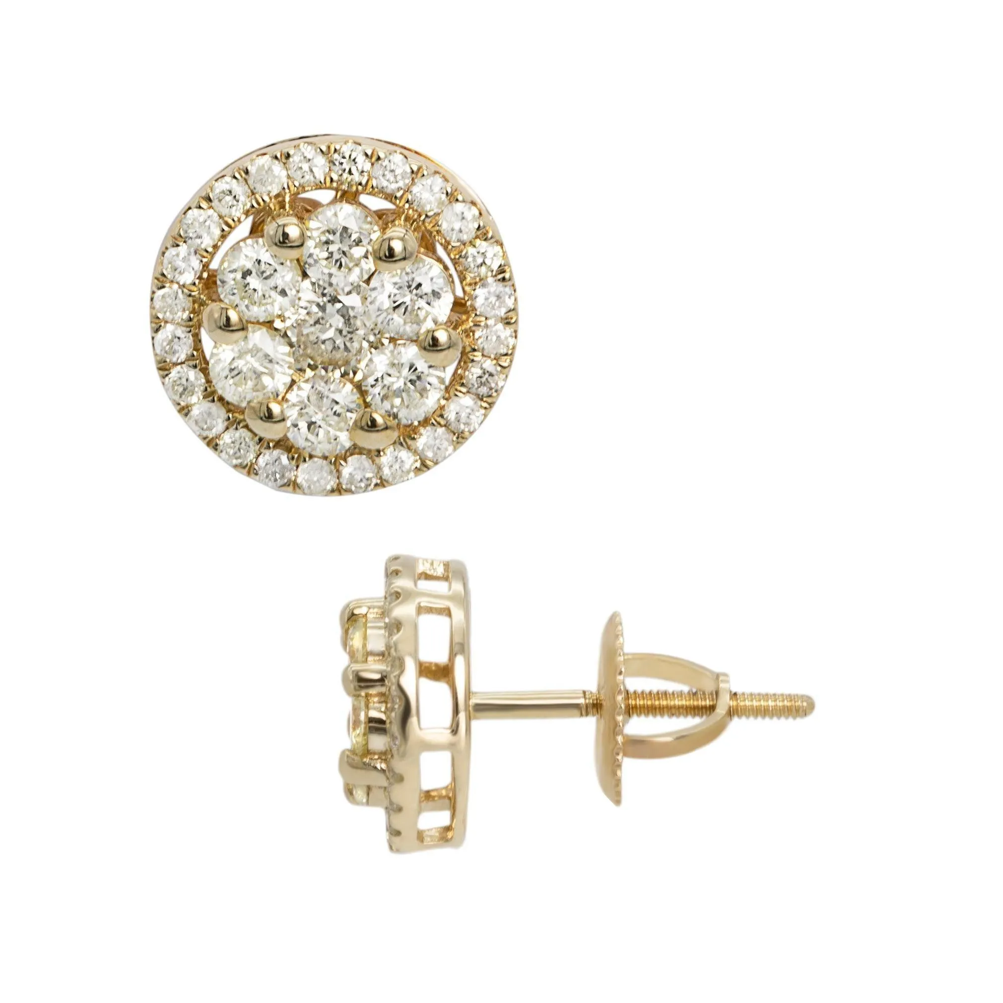 Men's Framed Flower Cluster Diamond Stud Earrings 1.15ct 10K Yellow Gold