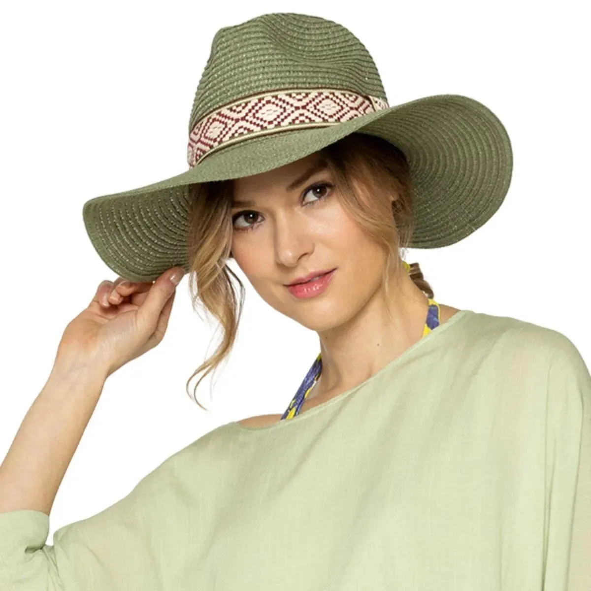 Olive Womens Panama Straw Hat with Woven Detail