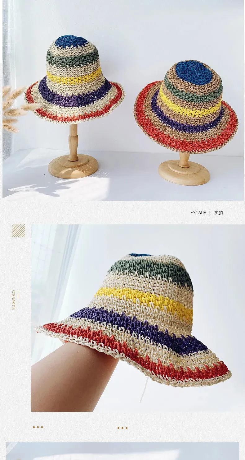 Rainbow Straw Hat For Women Summer Sun Visor Handmade Crochet Big Brim Bucket Hats Ladies Beach Sun Hat Boho Girl's Fashion Caps