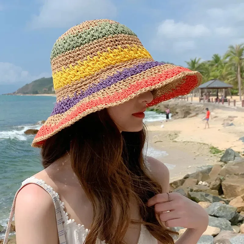 Rainbow Straw Hat For Women Summer Sun Visor Handmade Crochet Big Brim Bucket Hats Ladies Beach Sun Hat Boho Girl's Fashion Caps