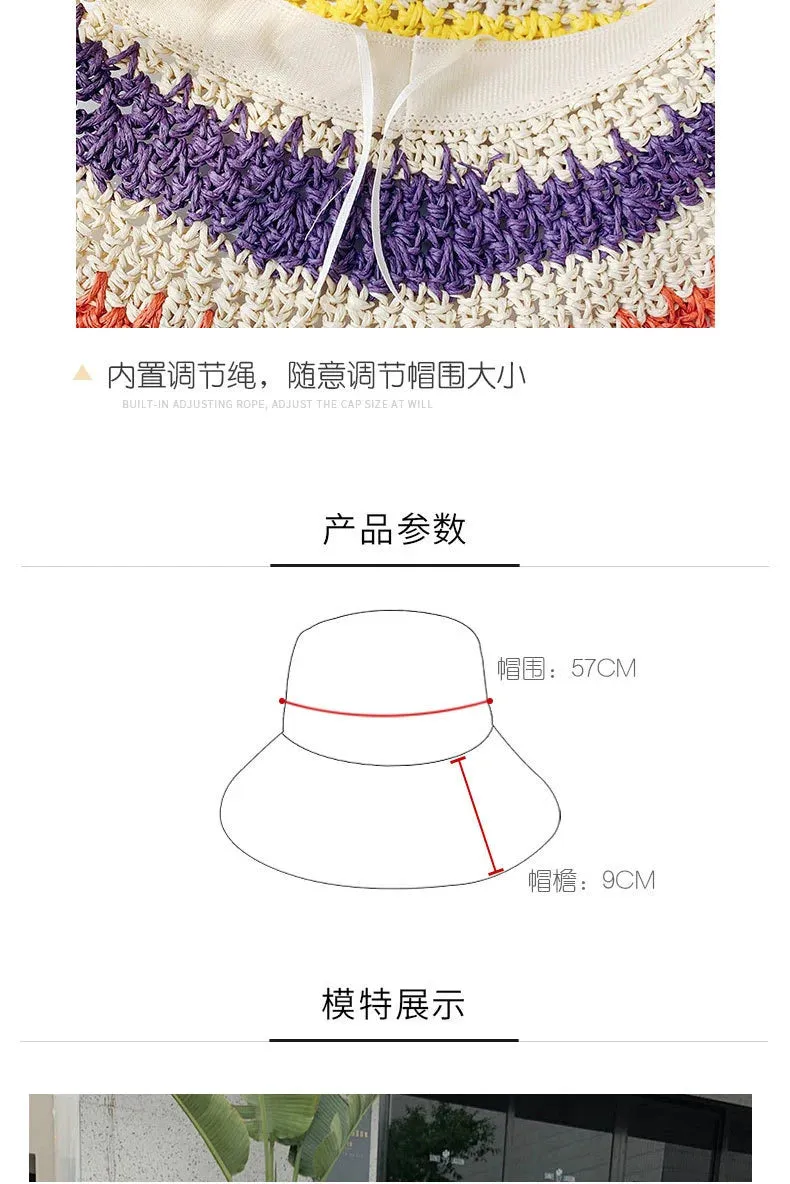 Rainbow Straw Hat For Women Summer Sun Visor Handmade Crochet Big Brim Bucket Hats Ladies Beach Sun Hat Boho Girl's Fashion Caps