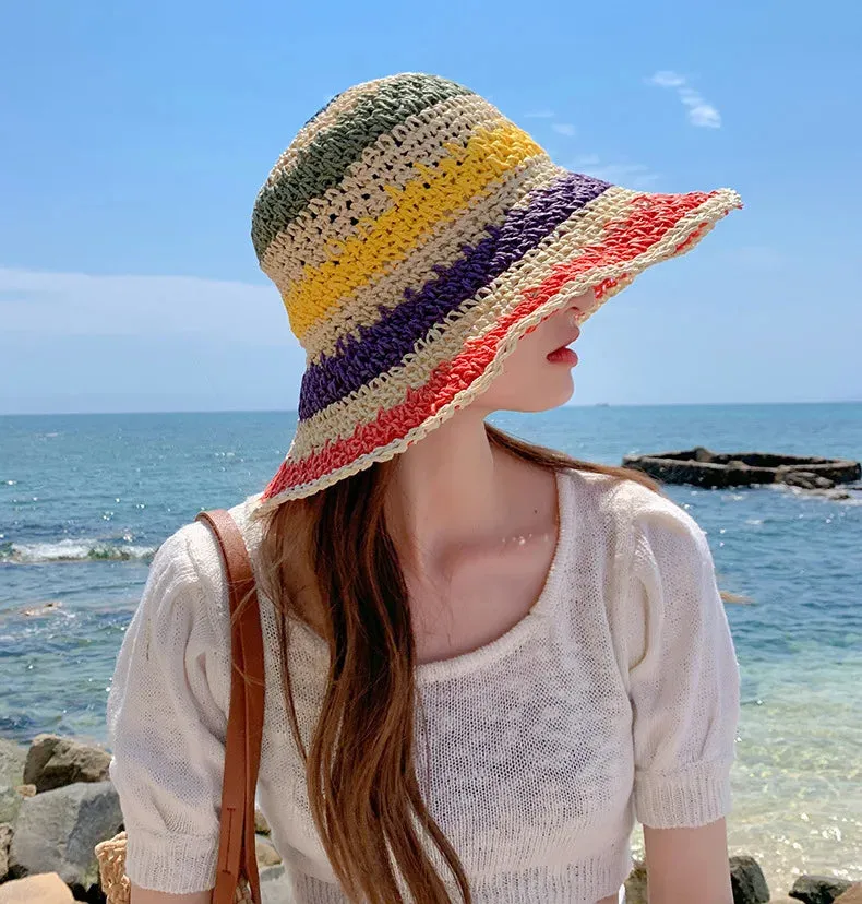 Rainbow Straw Hat For Women Summer Sun Visor Handmade Crochet Big Brim Bucket Hats Ladies Beach Sun Hat Boho Girl's Fashion Caps