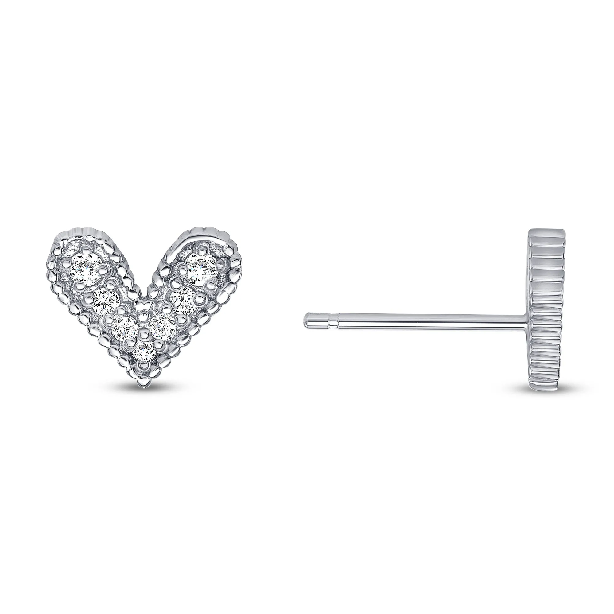 Round Diamond Heart Shape Stud Earrings Set - Push Back with Milgrain