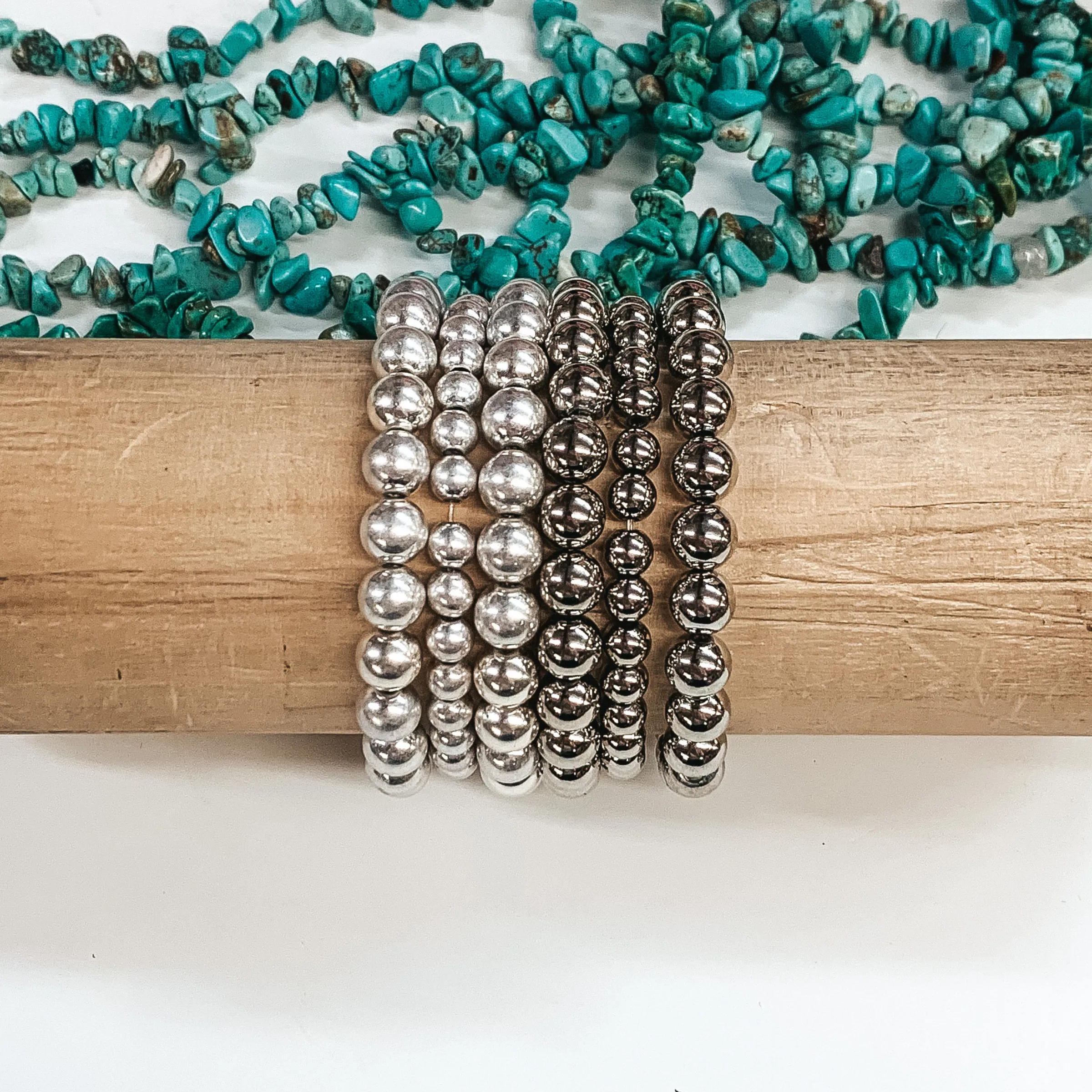 Set of Three | Beaded Bliss 6/7mm Bracelets in Matte Silver