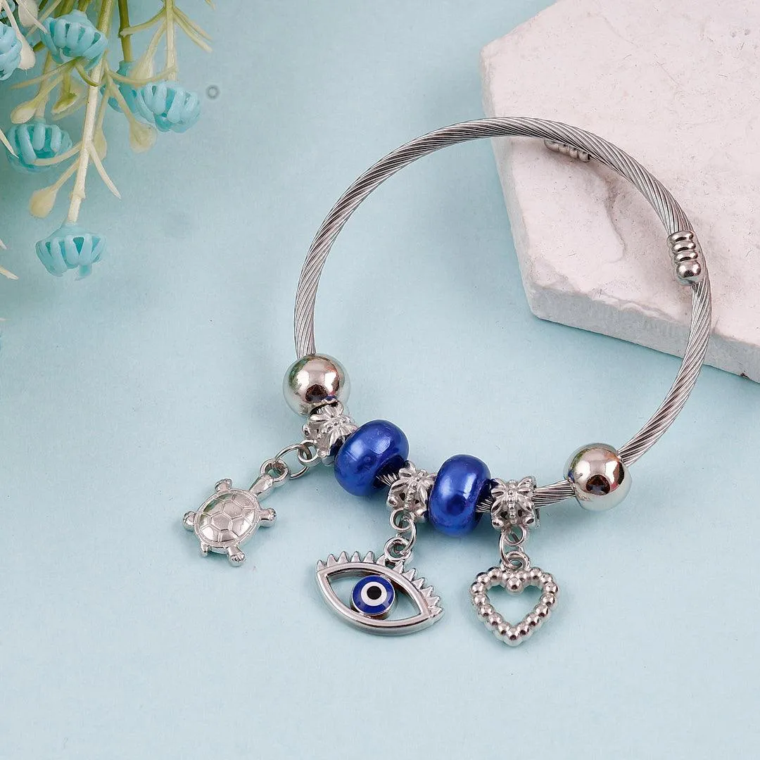 Silver Charm Bracelet with Blue Beads and Silver Charms