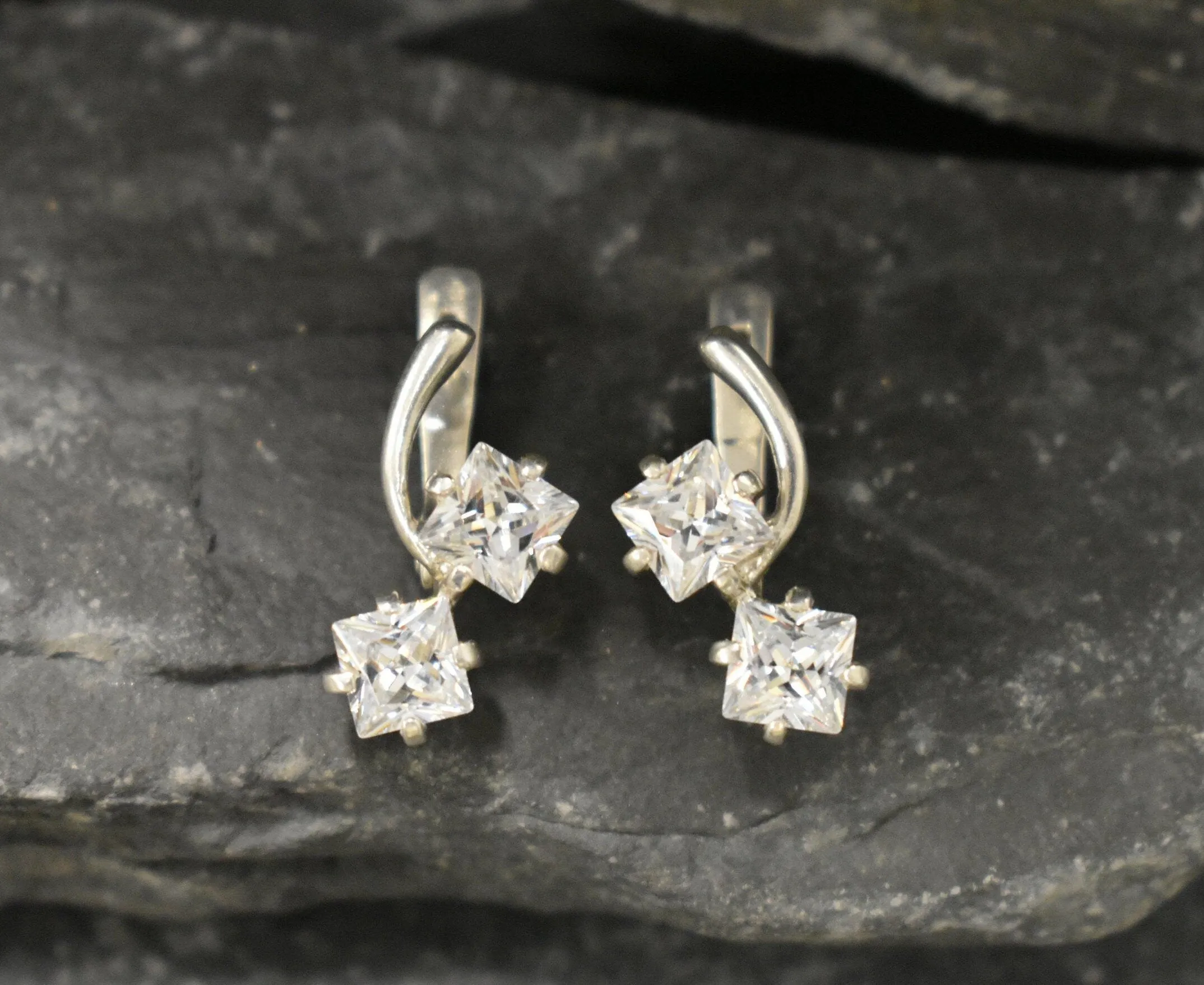 Sparkly Diamond Earrings - Square Diamond Earrings - Long Square Earrings